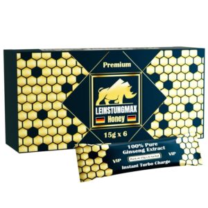 Premium Leinstungmax Honig, 100 % rein mit Ginseng-Extrakt, Honig, Vitamin C, Tribulus-Extrakt, Bockshornklee-Extrakt, extra stark, Sofortwirkung für Männer, 6 Beutel