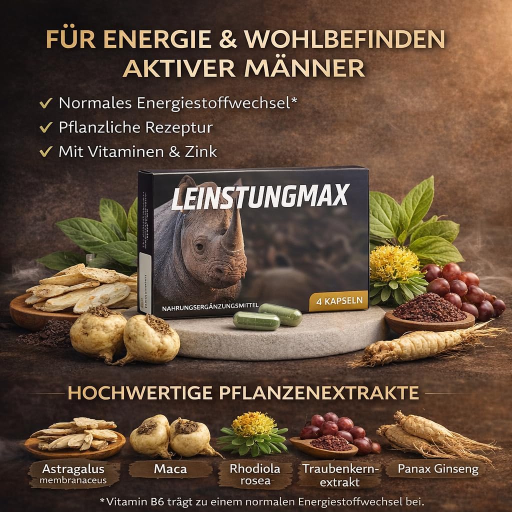 Premium LEINSTUNGMAX Ginseng- und Pflanzenextrakt-Kapseln – 4er-Pack | Nahrungsergänzungsmittel für aktive Männer | Enthält Maca, Ginseng, Rhodiola und Traubenkernextrakt - Image 5